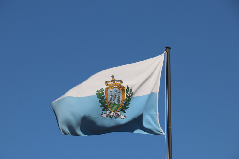 The San Marino flag flies proud