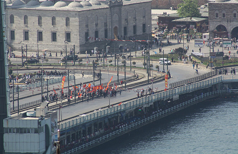 Protesters gathering by the Galata Bridge