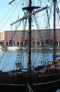 A tall ship moored in Liverpool&#39;s Albert Dock