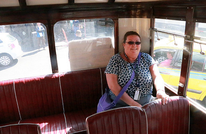 Roisin on the vintage bus