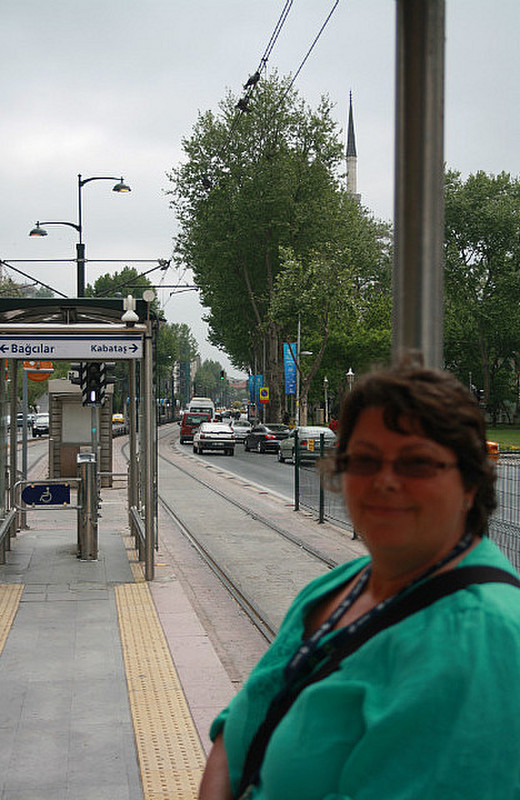 Roisin awaiting tram T1 in Istanbul