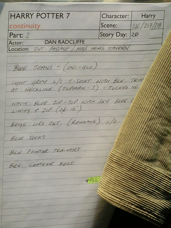 Continuity notes for Harry&#39;s cordouroy jacket