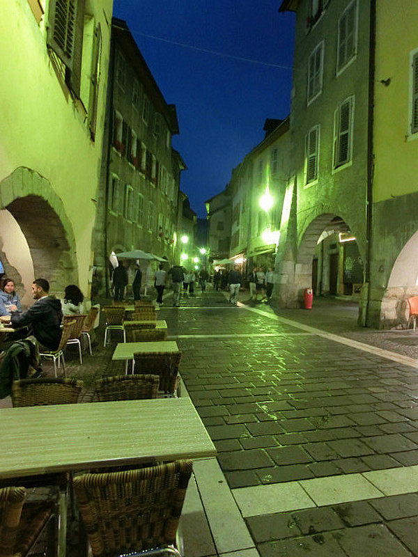 The streets in old town Annecy at night