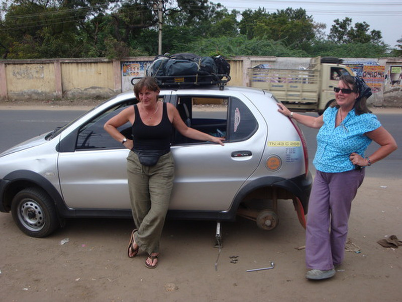 Kim and Gloria with the flat tyre