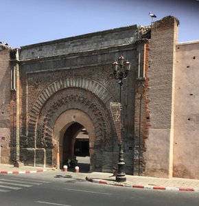 Gate to the souks, with stork on top.