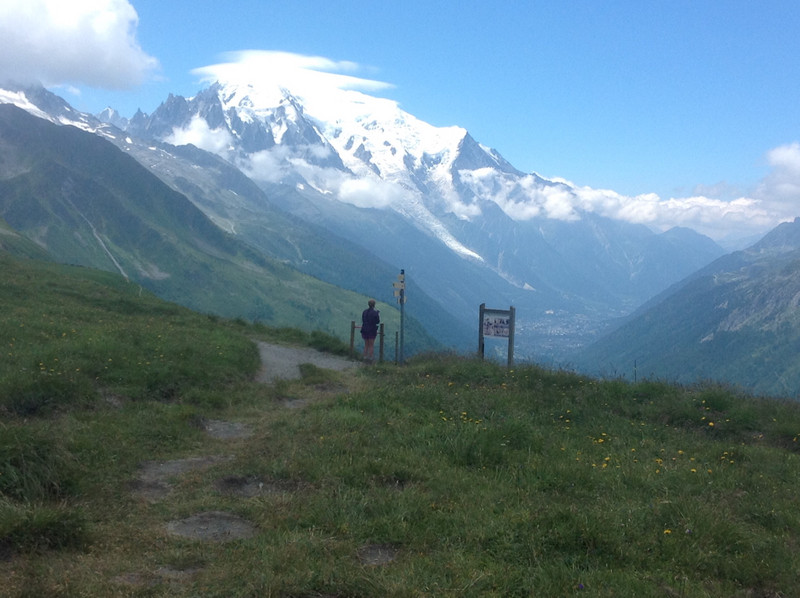 Julie on the Swiss/French border with Mt Blanc in the background.