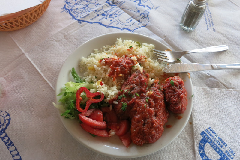 Dinner of Greek meatballs and rice