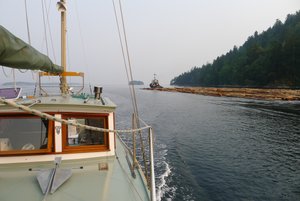 Ama in Dodd Narrows with log booom and 3 tugs