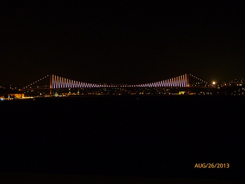 Bridge over the Bosphorus Strait at night.