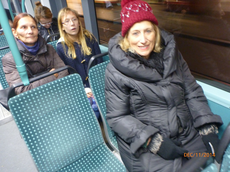 Here&#39;s Karen on the Basel Tram #6 to the Market. 
