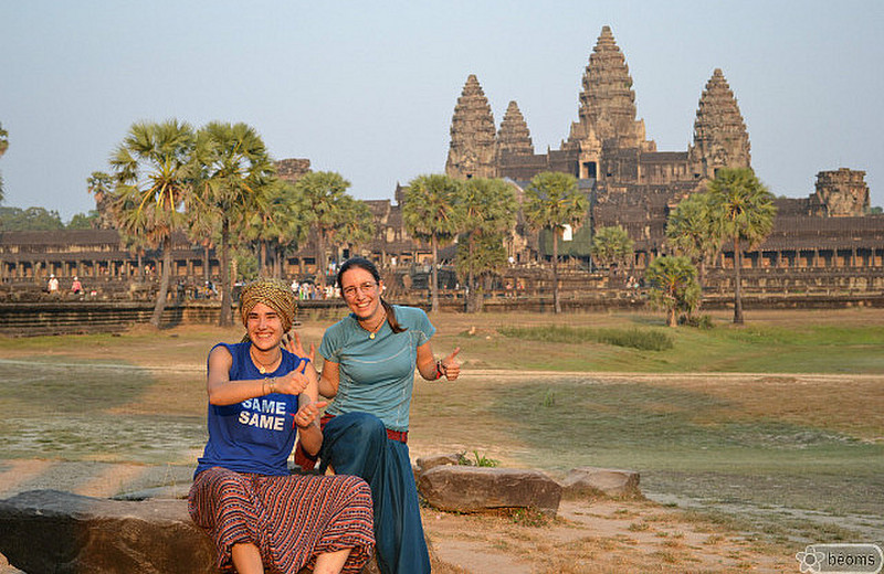 in front of Angkor Wat during sunset