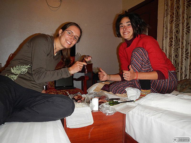 eating duck in our hotel room....
