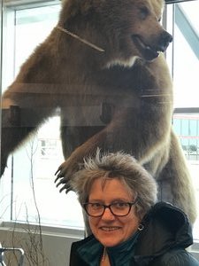 Note the difference in size between Marion and the stuffed grizzly at Anchorage Airport. 