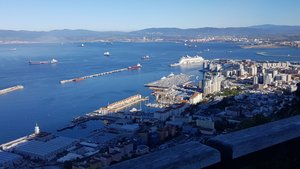 Port area of Gibraltar with Explorer in background - Spain further back