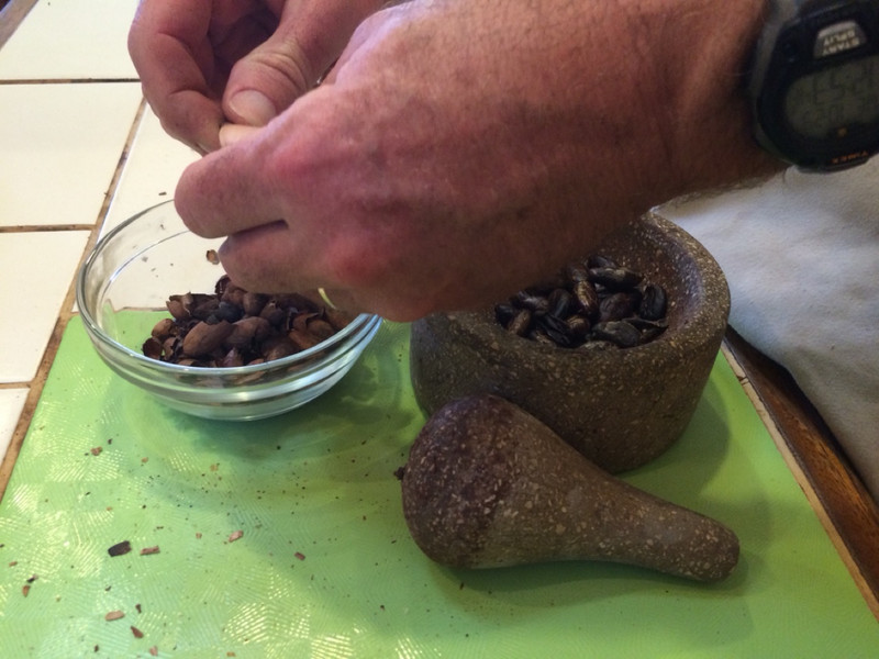 Taking cocoa beans out of their shells