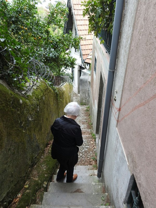 Lynda walking down the steep steps beside our B&B in Sintra
