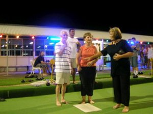 Pam instructing us in Lawn Bowling
