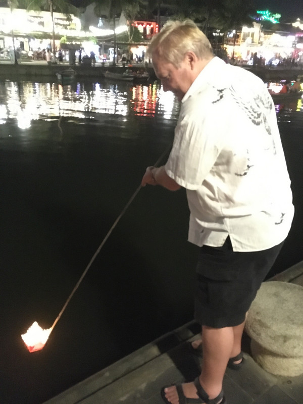 Lantern - Ron floating his burning lantern in Hoi An River