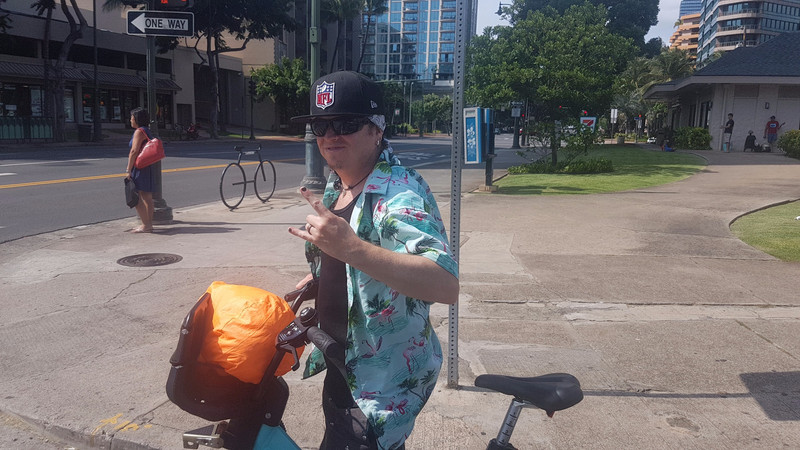 Cruising the streets of Waikiki on our bicycles 