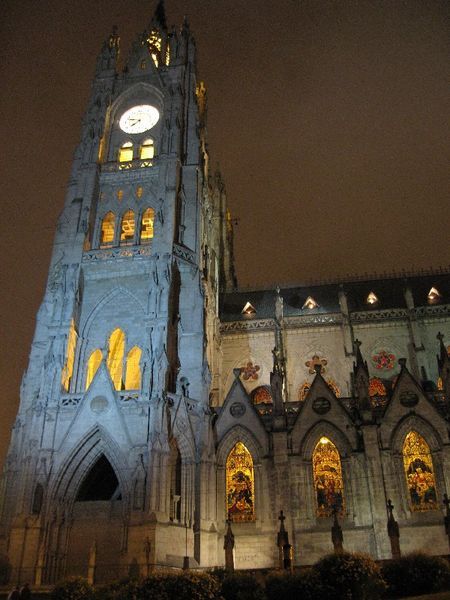 the basilica in Quito at night