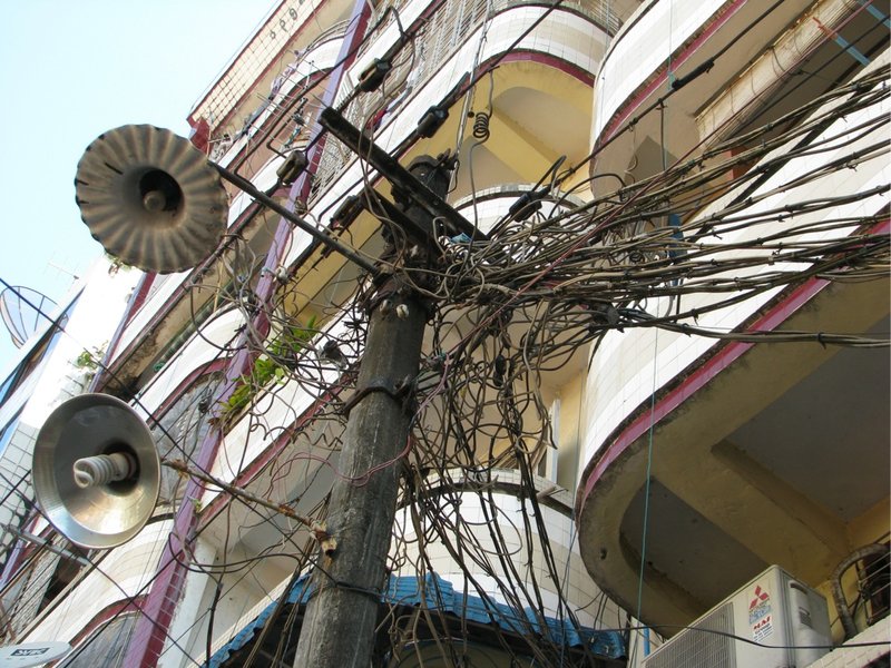 A tangled mess of electrical cables
