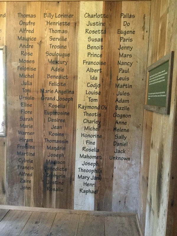 Names of some the 220 slaves who lived and worked at Oak Alley