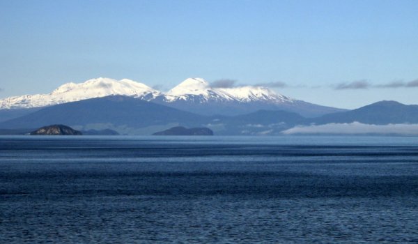 Looking across Lake Taupo to Tongariro National Park.