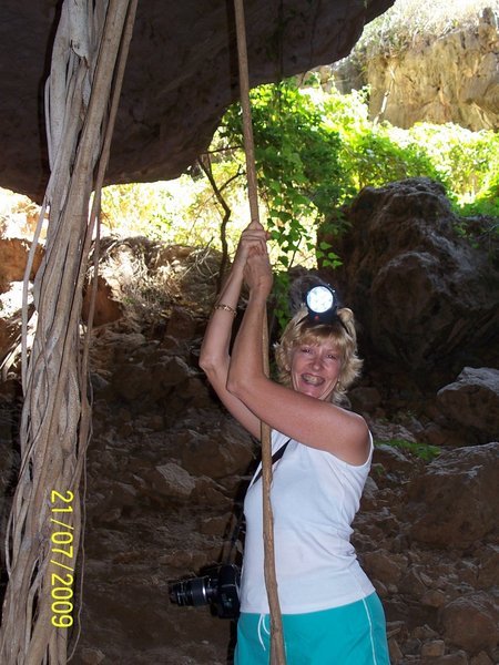 Judy wearing the miner's light in Tunnel Creek