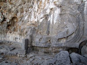 Carving of an ancient boat on the Acropolis at Lindos.