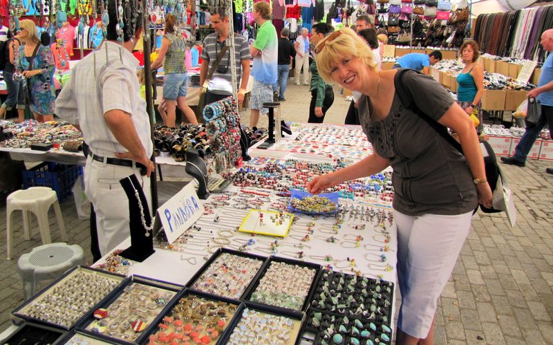 Judy buying junk jewelry at Dalyan markets!