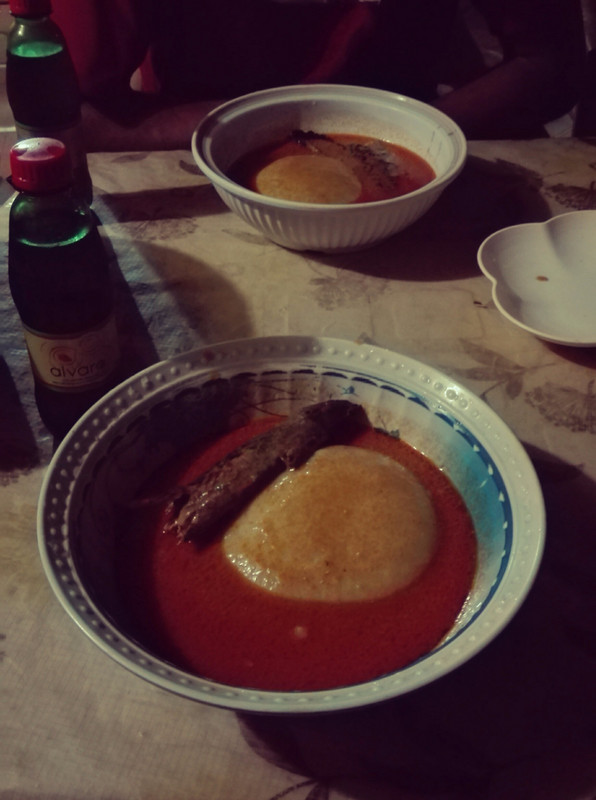 Fufu with mackerel and spicy sauce