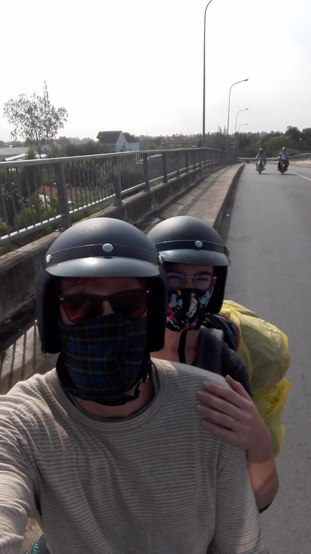 Off to drive around the Mekong delta, Vietnam ! Us in all our gear, with our bags
