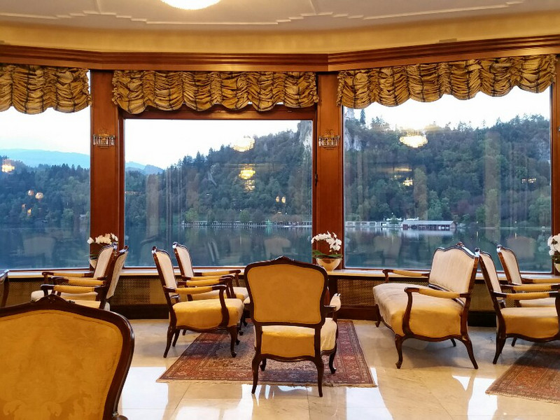 Lounge looking out across Bled Lake