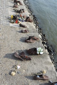 Waterside shoe sculptures memorializing those killed at the river by a fascist party during WWII, Budapest