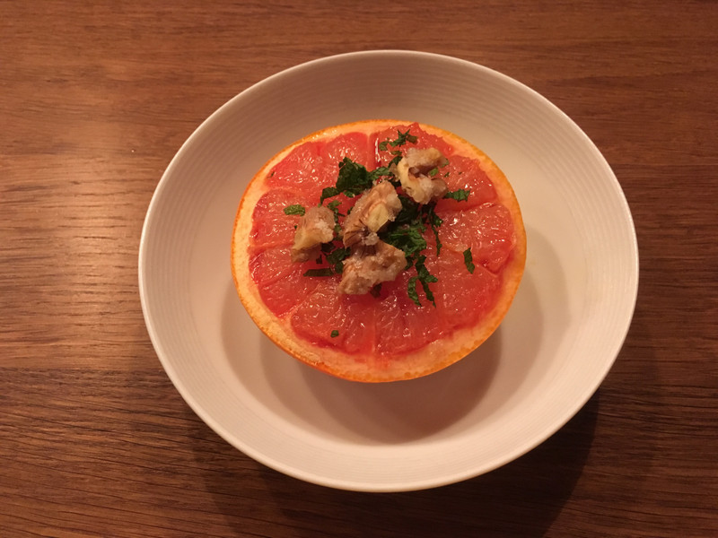 Warmed grapefruit with walnuts