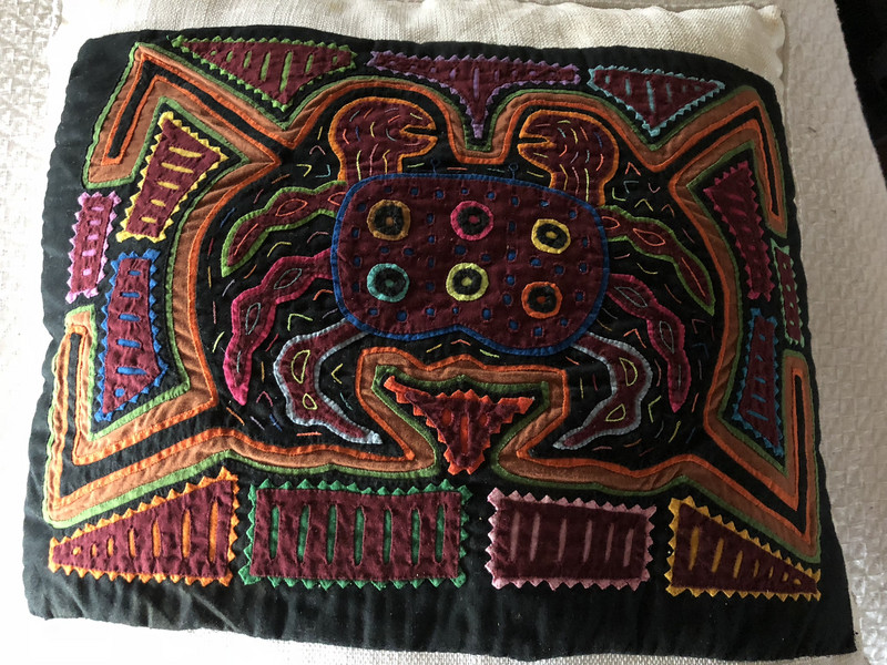 The beautiful mola crab pillow on our bed