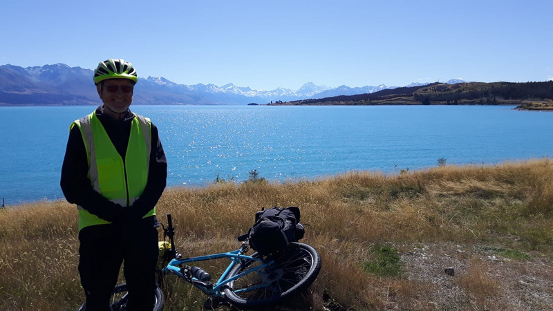 Pete, raring to get going on the Alps to Ocean, Mount Cook in the background