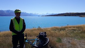 Pete, raring to get going on the Alps to Ocean, Mount Cook in the background