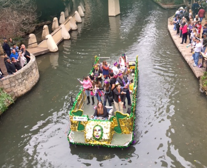 Mardi Gras celebrated on the River Walk  - the first of the floats