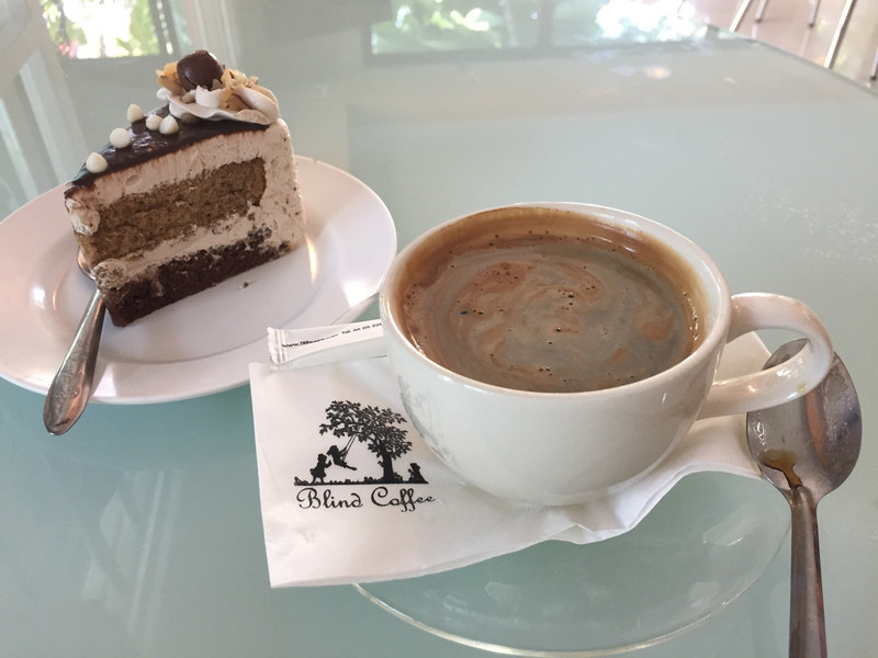 Coffee and choc cake at The Blind Cafe’