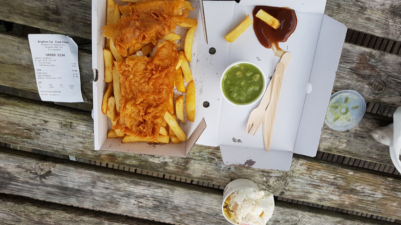 Fish, chips and mushy peas at Brighton