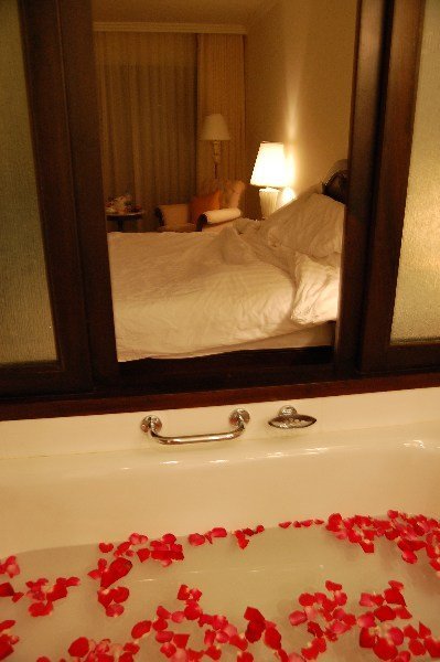 Rose petals in the tub...with a window to the bedroom. Fancy pants!