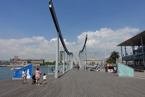 The Rambla de Mar footbridge linking the Maremagnum to land. It swings wide, upon a loud siren, to allow boats through.