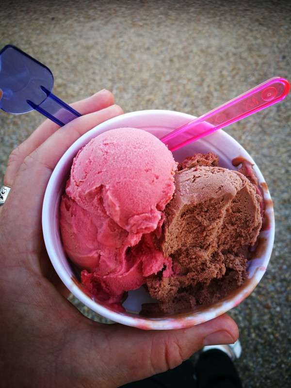 Chili chocolate ice cream and pomegranate sorbet