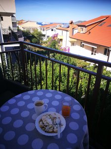 Breakfast on my balcony overlooking the mini orchard and seeing the water in the distance. 