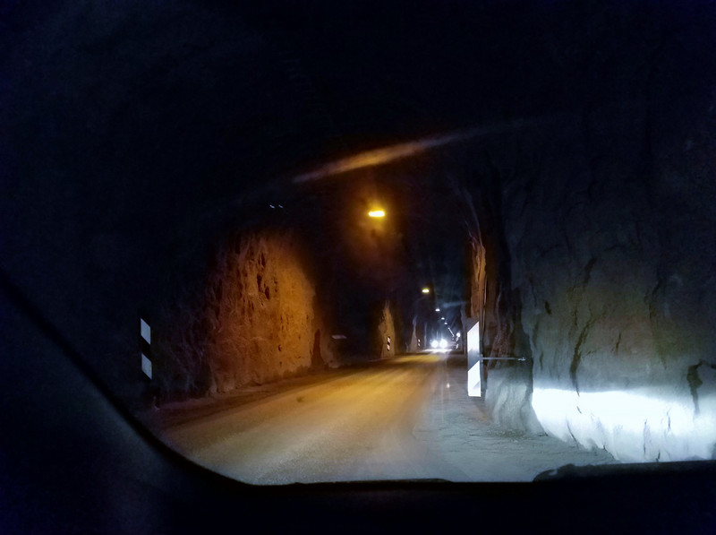 A crazy tunnel - 7 km long, and one lane the whole way - if you see lights coming, you have to slow down and cross your fingers for a pull out