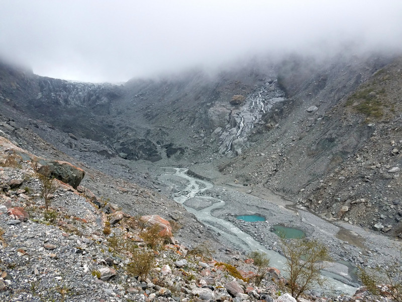 The bottom of Fox Glacier is at the upper left...but unfortunately it's too foggy to see much