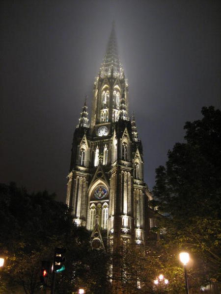 Buen Pastor Cathedral shrouded in mist