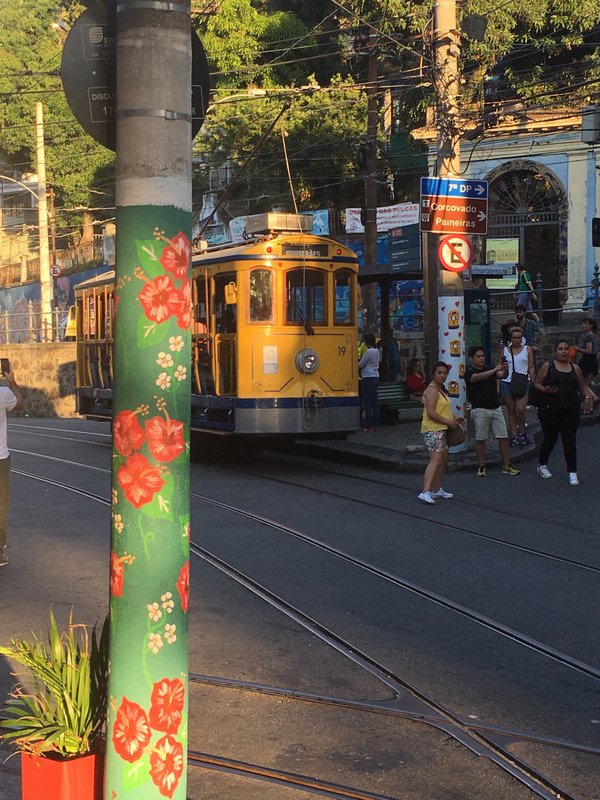 Painted poles and tram - Santa Teresa 