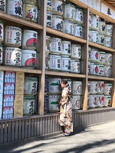 girl in kimono posing in front of sake barrels.